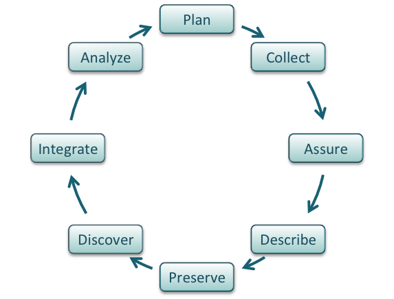 The data life cycle: eight stages arranged in a circle and connected by arrows, from Plan through Collect, Assure, Describe, Preserve, Discover, Integrate, and Analyze, then back to Plan